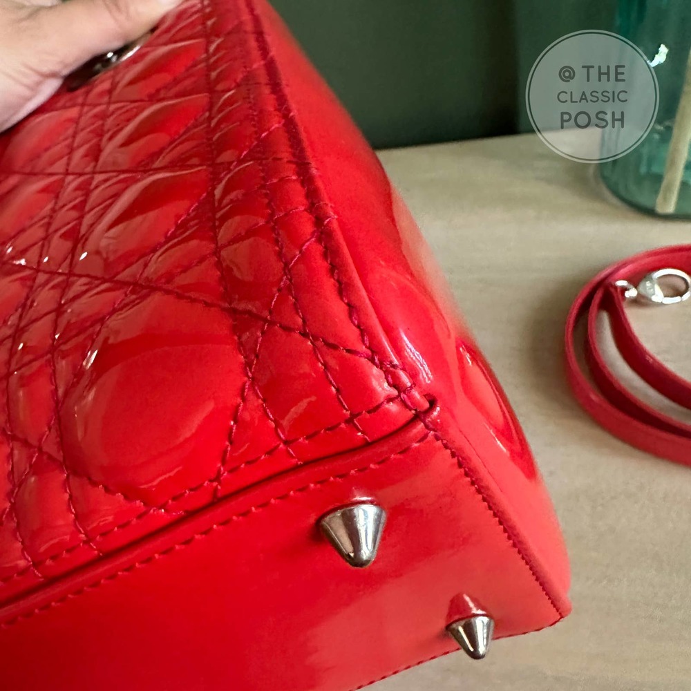 ❌SOLD❌EUC Christian Dior Lady Medium Patent Red Orange Silver HW - Picture 12 of 16